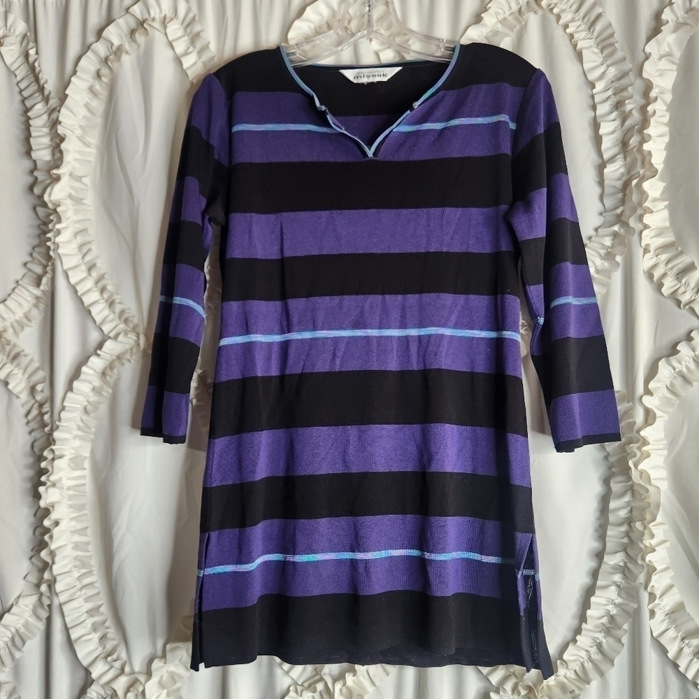 Exclusively Misook Purple Black Stripes 3/4 Sleeve Acrylic Tunic Shirt sz M L
